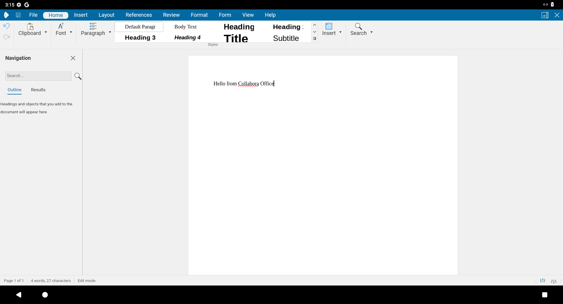 A screenshot of Collabora Office with the Writer module open, featuring the text "Hello from Collabora Office"