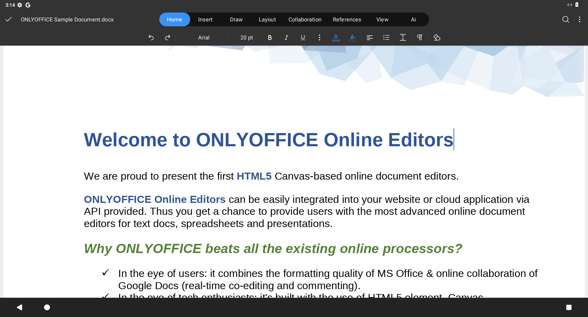 A screenshot of ONLYOFFICE on Waydroid, editing the welcome document that comes with ONLYOFFICE