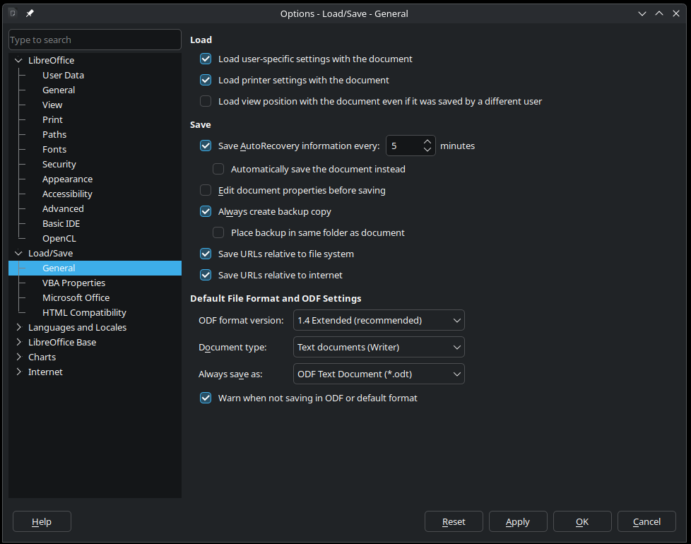 A screenshot of the LibreOffice Load/Save settings, showing the option to choose the default format for saving documents
