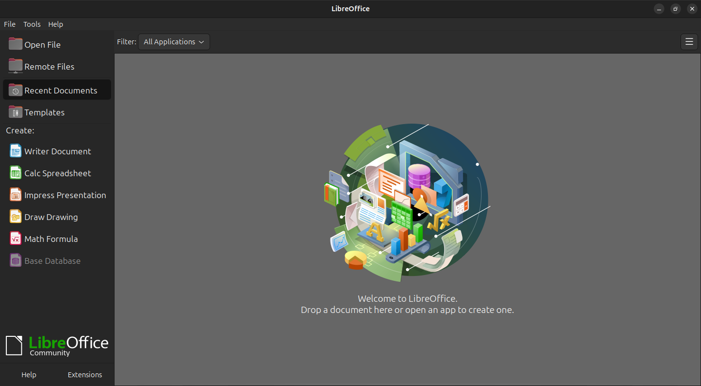 A screenshot of the home screen in a clean install of LibreOffice