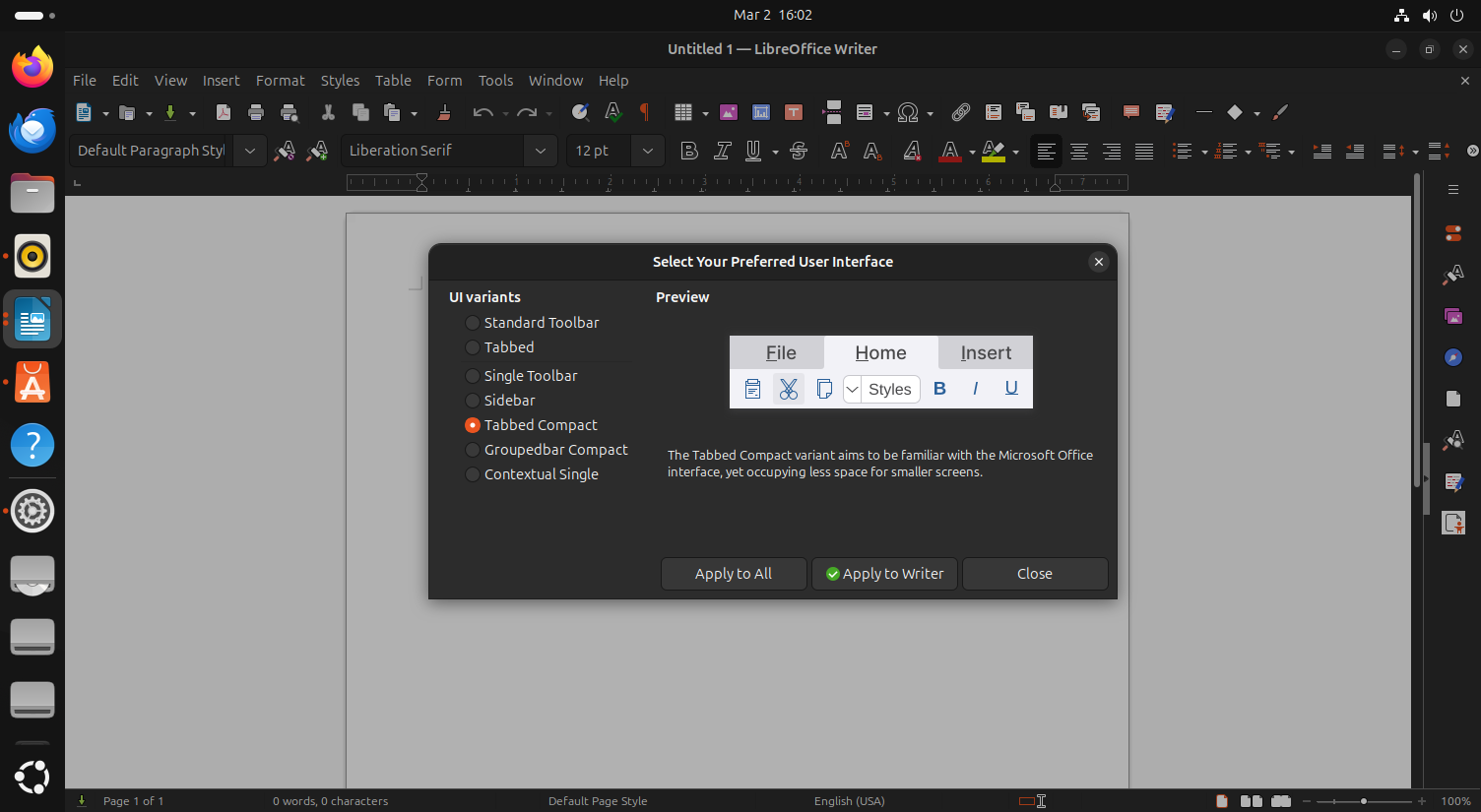A screenshot of the user interface preference in LibreOffice Writer