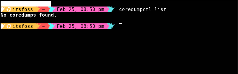 The coredumpctl list command displays a table of recorded application crashes, including time, PID, and executable name.