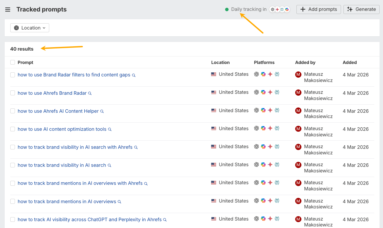 A screenshot of a "Tracked prompts" interface, showing 40 results. Prompts are for AI search, brand tracking, and content.