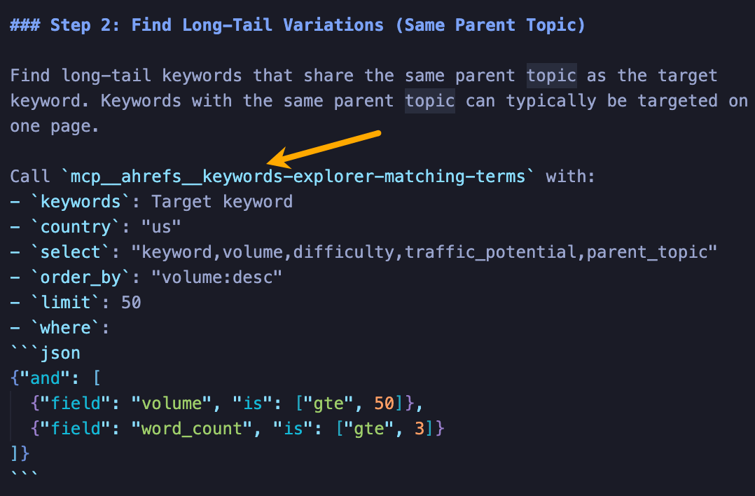 Code snippet for finding long-tail keywords with parameters for keyword, country, selected fields, order, limit, and specific volume and word count filters.
